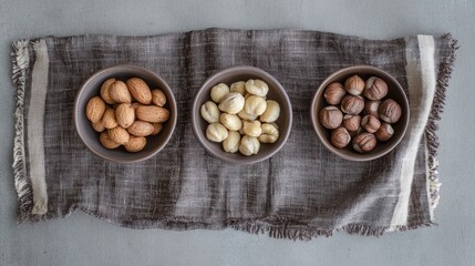 Assorted nuts in bowls on linen, kitchen setting, healthy snack
