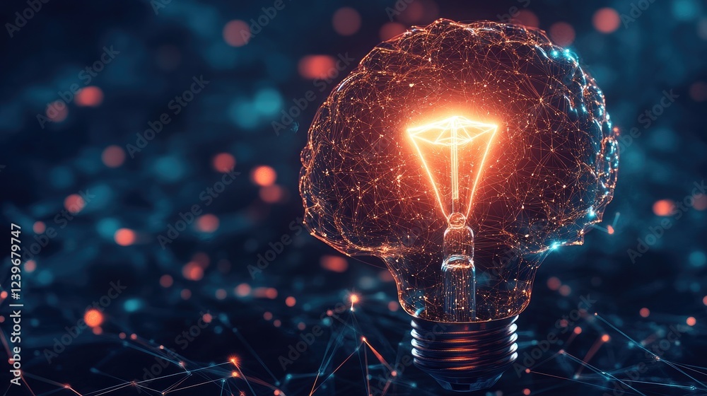 Poster futuristic ai lines connect a glowing brain to a bright light bulb, symbolizing the spark of creativ