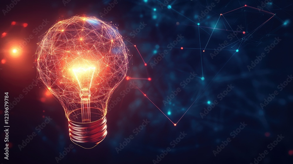 Poster futuristic ai lines connect a glowing brain to a bright light bulb, symbolizing the spark of creativ
