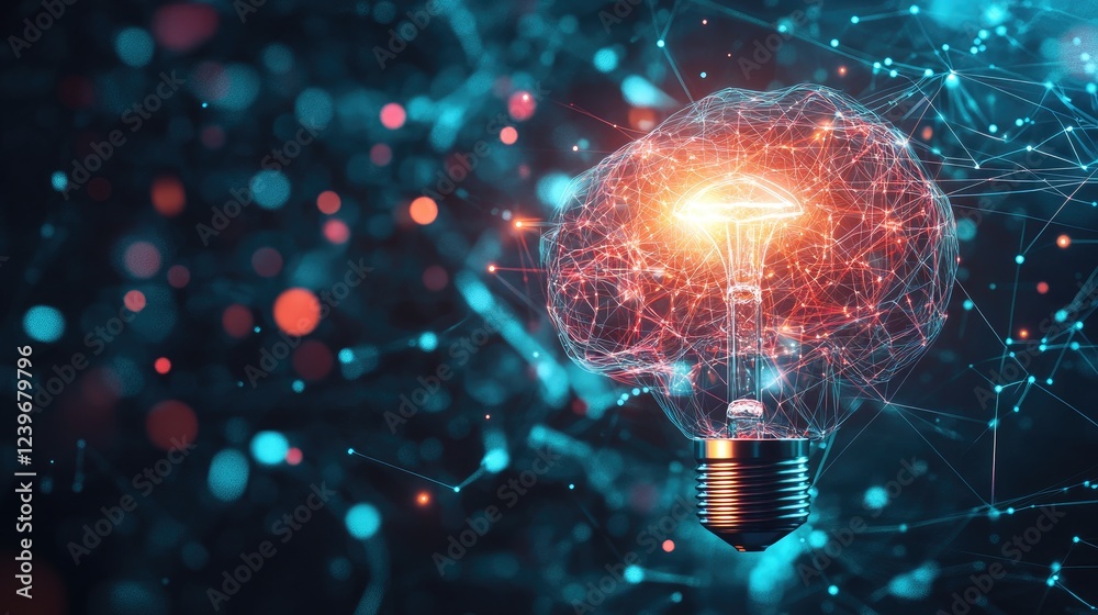 Poster futuristic ai lines connect a glowing brain to a bright light bulb, symbolizing the spark of creativ