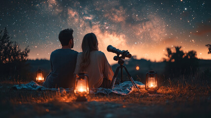 A couple stargazing on a clear night, lying on a blanket with a telescope and glowing lanterns nearby