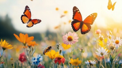 Colorful Butterflies Flying Over Vibrant Wildflower Meadow Scene