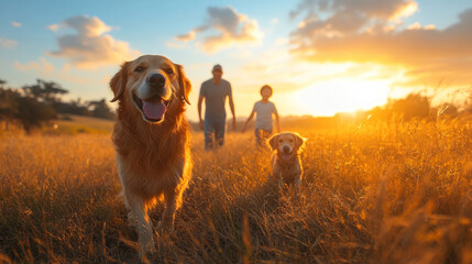 A family playing frisbee in a wide-open field, with their dog joining the fun under bright blue skies