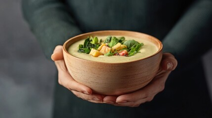 Creamy Vegetable Soup in Wooden Bowl Held by Person's Hands