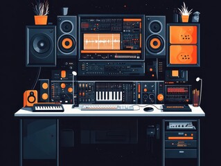 Fototapeta premium Detailed Digital Audio Workstation (DAW) Setup with Multiple Speakers, Instruments, and Audio Equipment for Music Production in a Modern Studio