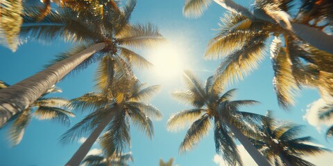 Fototapeta premium A serene view with tall palm trees reaching towards a bright sun in a clear blue sky, capturing the essence of summer tranquility and tropical escapes many dream of during holidays