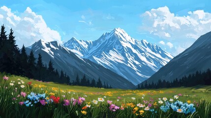 Vibrant Meadow with Snowy Mountains and Dramatic Blue Sky