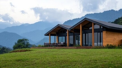 Obraz premium Modern Wooden House Surrounded by Lush Green Mountains and Clouds