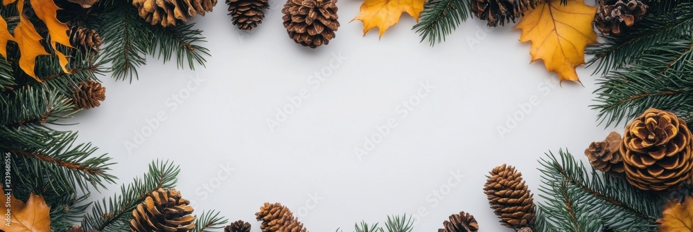 Leinwandbilder pine cones and autumn leaves arranged around a blank space with evergreen branches. generative ai