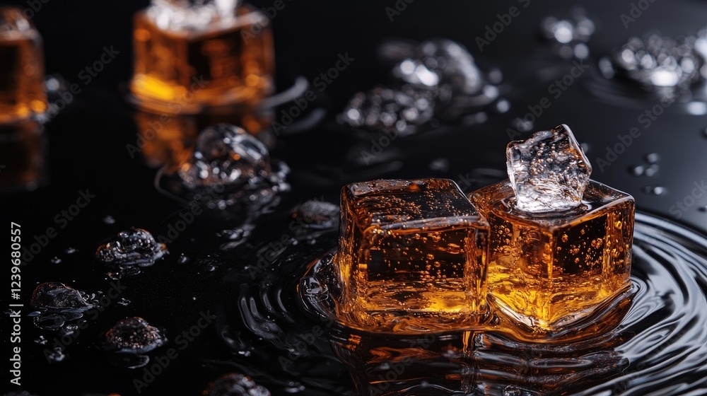 Poster Ice cubes melting slowly on a glossy black surface, with whiskey and water creating ripples and dynamic patterns in the liquid, highlighting a sophisticated scene.