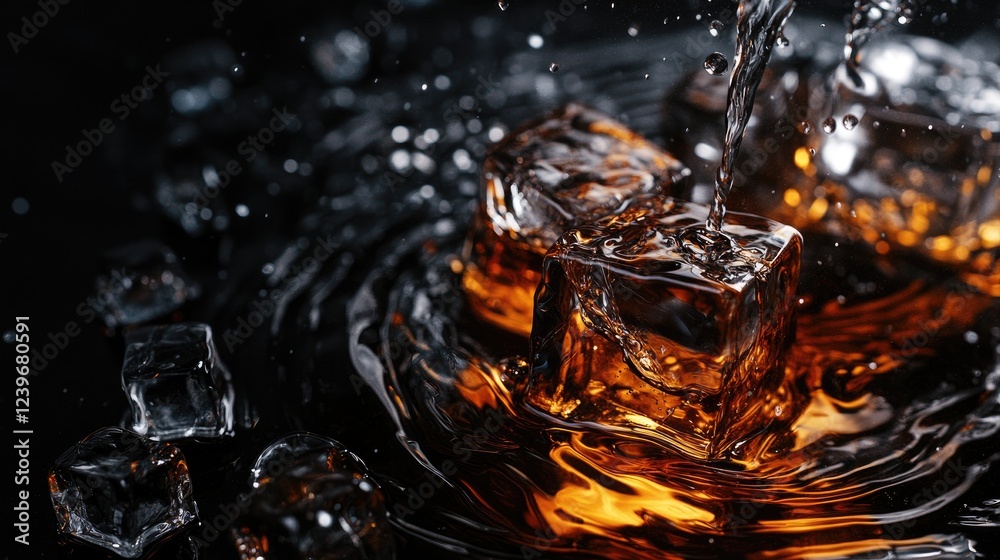Poster Ice cubes melting slowly on a glossy black surface, with whiskey and water creating ripples and dynamic patterns in the liquid, highlighting a sophisticated scene.