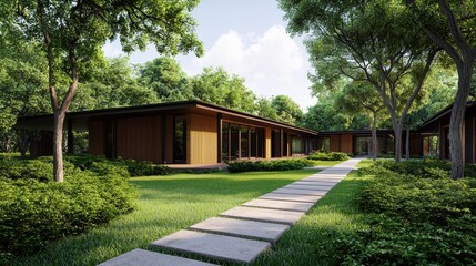 Fototapeta premium Modern Architectural Design with Green Landscape and Pathway