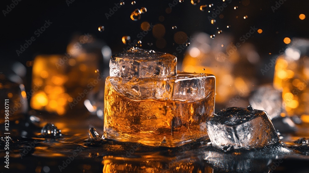 Poster ice cubes with intricate textures, surrounded by whiskey splashes and water droplets, bathed in warm