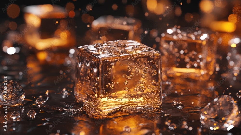 Poster ice cubes with intricate textures, surrounded by whiskey splashes and water droplets, bathed in warm