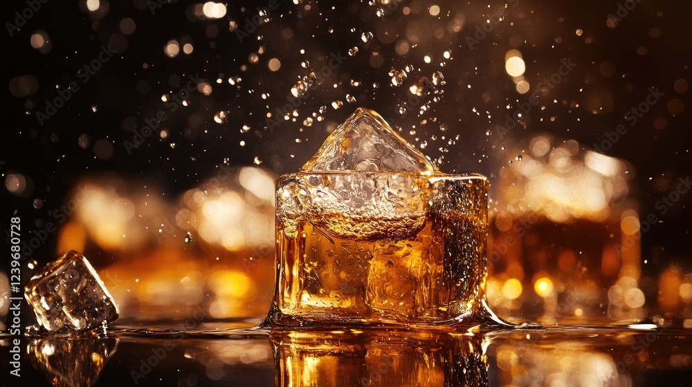 Poster ice cubes with intricate textures, surrounded by whiskey splashes and water droplets, bathed in warm