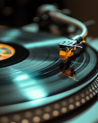 Close-Up of a Vinyl Record Spinning on a Classic Turntable, Showcasing the Essence of Analog Sound and the Timeless Appeal of Retro Music Playback