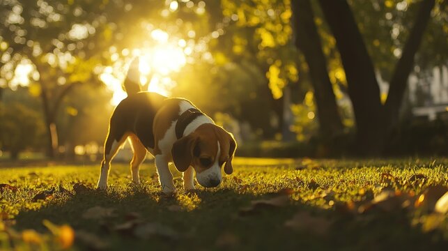 Beagle puppy sniffing ground, sunset park