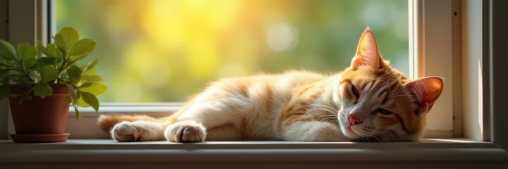 Cat lounging contentedly on sunny window sill, nap, rest