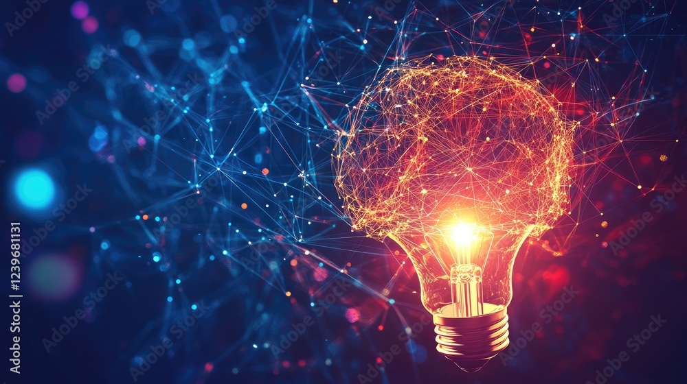 Poster intricate ai lines form a connection between a glowing brain and light bulb, signifying the birth of