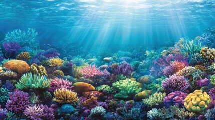 Fototapeta premium Vibrant Underwater Coral Reef with Sunlight Filtering Through Water