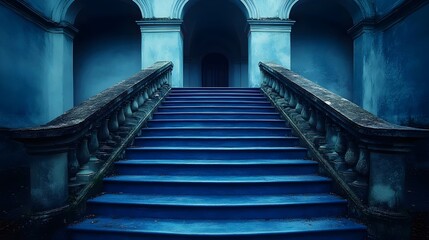 A blue staircase leading to a dark room