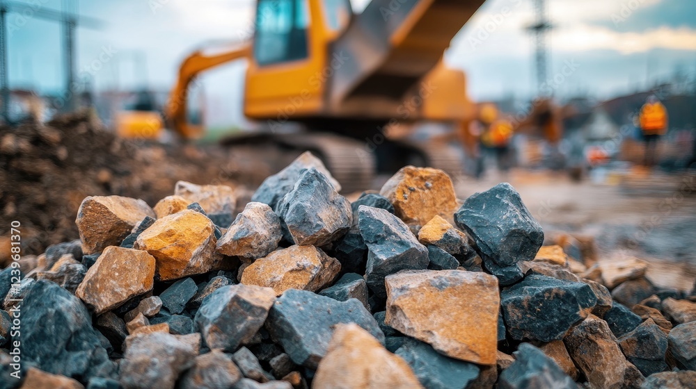 Poster jagged pile of rocks at a busy construction site, with blurred construction equipment and workers in