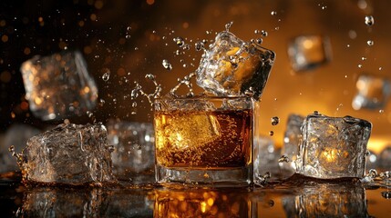Intricately detailed ice cubes with whiskey splashes and water droplets, glowing under warm lighting, creating a luxurious and sophisticated mood.