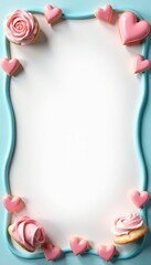 Pastel blue border frames sweet treats & party supplies on white background , sweet, balloons, elegant