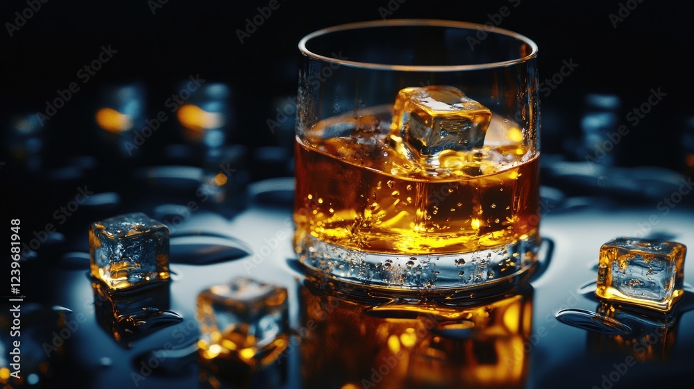Poster melting ice cubes on a glossy dark surface, reflecting golden whiskey and water droplets under drama