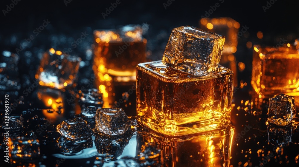 Poster melting ice cubes on a glossy dark surface, reflecting golden whiskey and water droplets under drama