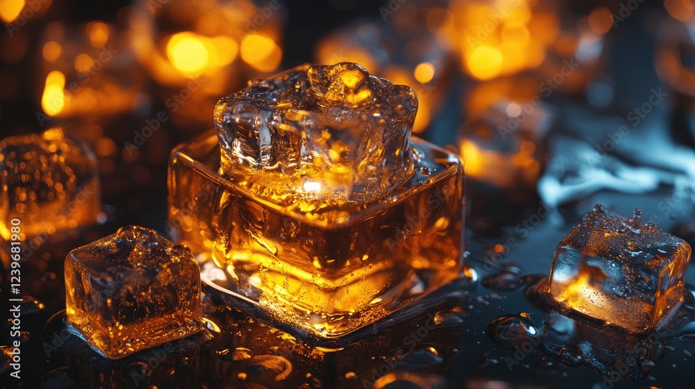 Poster melting ice cubes on a glossy dark surface, reflecting golden whiskey and water droplets under drama