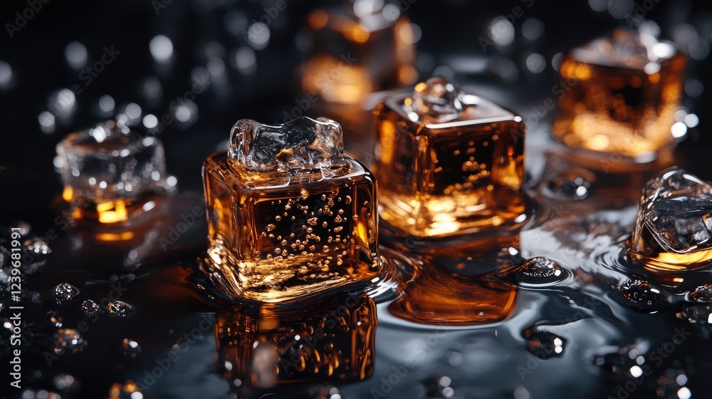 Poster melting ice cubes on a reflective black surface, with whiskey ripples and water droplets forming dyn