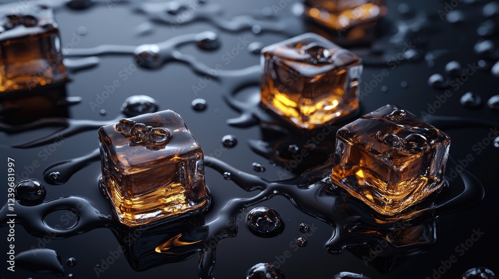 Poster melting ice cubes on a reflective black surface, with whiskey ripples and water droplets forming dyn