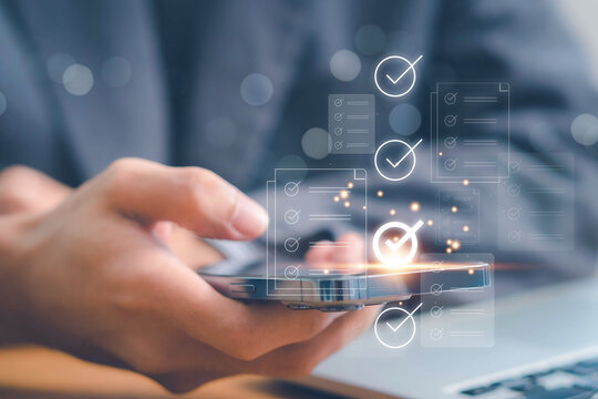 Checklist business performance monitoring concept, Business using tablet online survey filling out check digital form task, online survey question form, target marketing planning with quality control