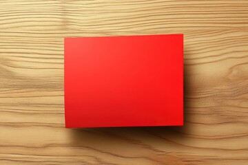 Bright Red Rectangular Card Placed on Natural Wood Surface Showcasing Minimalist Design Concept with Vibrant Contrast and Texture Focus