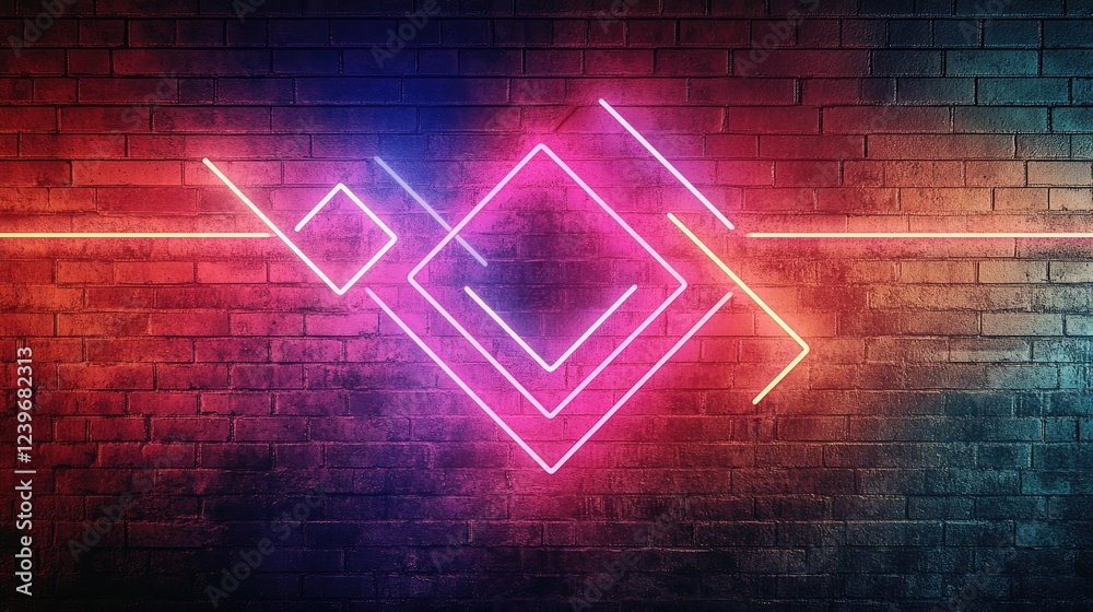 Poster neon lights in geometric patterns glow against a grungy brick wall, blending modern and industrial e