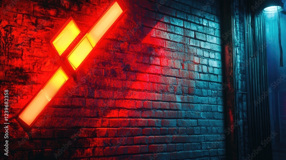 Poster neon lights in geometric patterns glow against a grungy brick wall, blending modern and industrial e