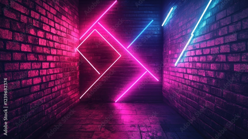 Poster neon lights in geometric patterns glow against a grungy brick wall, blending modern and industrial e