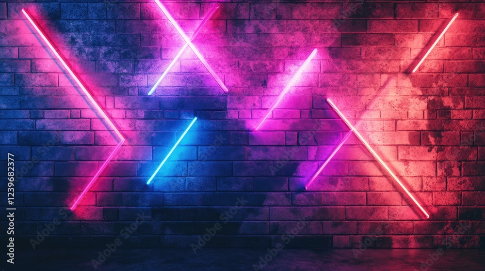 Poster neon lights in geometric patterns glow against a grungy brick wall, blending modern and industrial e