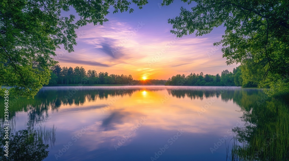 Poster perfectly aligned trees frame a serene lake, with reflections of a pastel-colored sunset sky creatin
