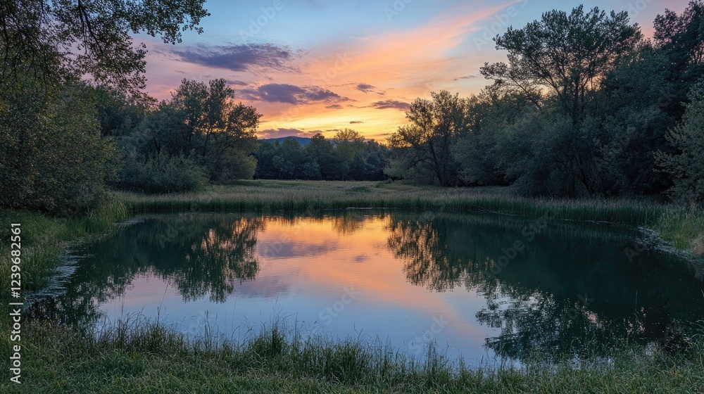 Poster perfectly aligned trees form a natural frame around a tranquil lake, reflecting a pastel sunset sky,