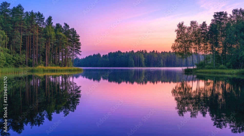 Poster perfectly aligned trees frame a serene lake, with reflections of a pastel-colored sunset sky creatin