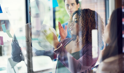 People, glass or discussion in office for creativity, brainstorming or project management. Design...