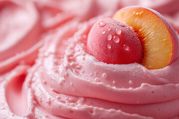Close-up of pink ice cream topped with a slice of peach, featuring a creamy texture and droplets of water, creating a refreshing and appetizing appearance.