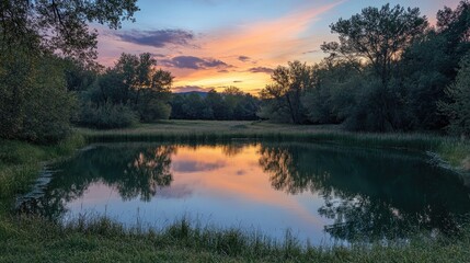 Perfectly aligned trees form a natural frame around a tranquil lake, reflecting a pastel sunset sky, creating a serene and picturesque landscape