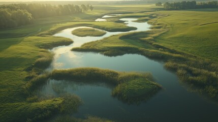 Naklejka premium Aerial View of Serene River Meandering Through Lush Green Wetlands at Sunrise