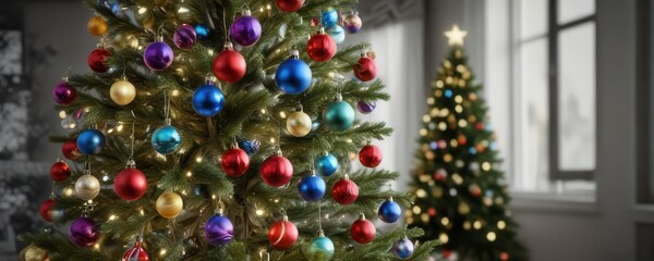 Christmas tree adorned with colorful hanging glass balls ,  ornaments,  lights,  tinsel