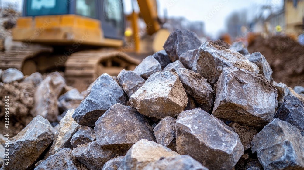 Poster pile of sharp, jagged rocks at a construction site, with machinery and workers out of focus in the b