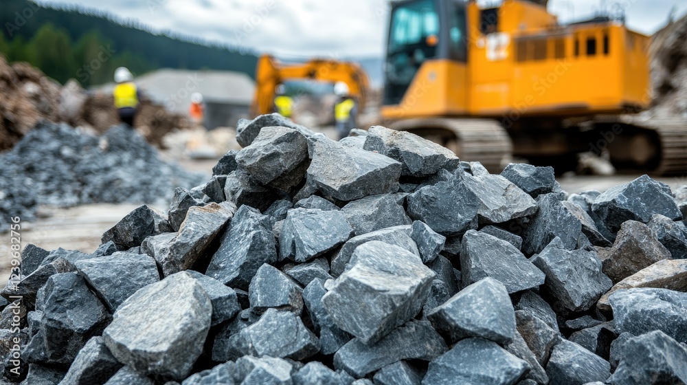 Poster pile of sharp, jagged rocks at a construction site, with machinery and workers out of focus in the b