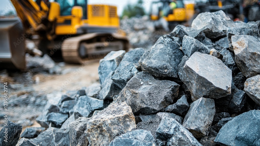 Poster pile of sharp, jagged rocks at a construction site, with machinery and workers out of focus in the b